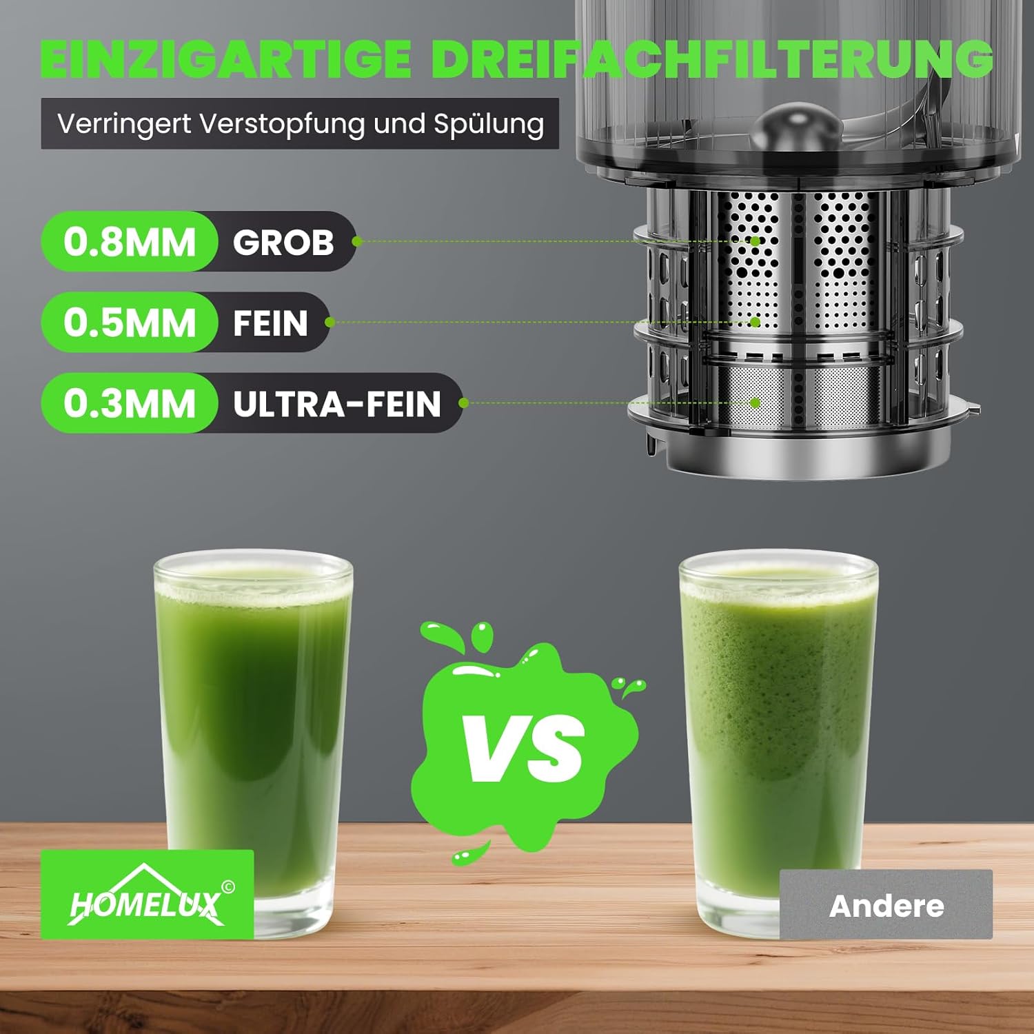 HOMELUX Entsafter 220W Slow Juicer 126 MM Einfüllschacht für Ganze Gemüse und Obst Kaltentsafter Elektrische mit 2 Tassen Reinigungsbürste, Upgraded Schnecke BPA-frei Einfache Reinigun, Silber