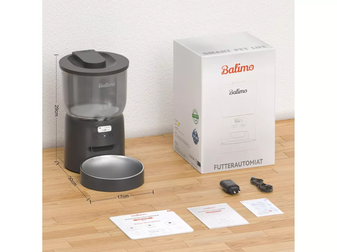 Balimo 3L Distributeur de Croquettes Noir pour Chat/Chien, ,Minuterie Programmable/Fonction Enregistrement,avec Bol en Inox,Jusqu'à 6 Repas/Jour