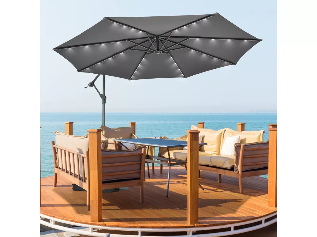 Parasol Déporté 3x3M, Grand Parasol de Jardin Extérieur Lumineux LED Solaire avec 2 Sacs de Sable, Base Croisée, Parasol Inclinable avec Manivelle, pour Balcon, Jardin, Terrasse Plage (Gris)
