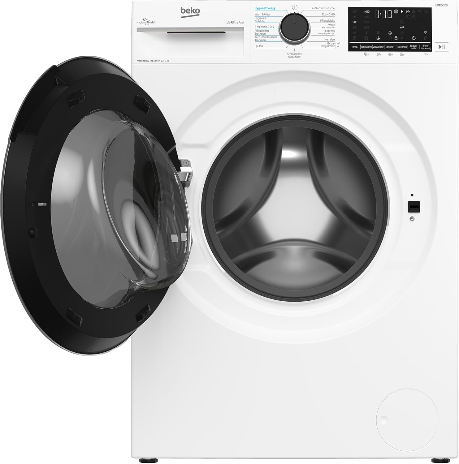 Beko B3DFT512447W freistehender Waschtrockner, 12 kg Waschen, 8 kg Trocknen, allergikergeeignet, Touch-Display mit Startzeitvorwahl 0-24 h, Bluetooth, Dampffunktion, Nachlegefunktion, Weiß