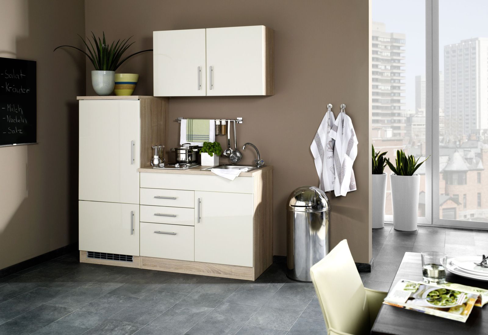 Single-Küche TORONTO - creme Hochglanz - mit E-Geräten - 160 cm