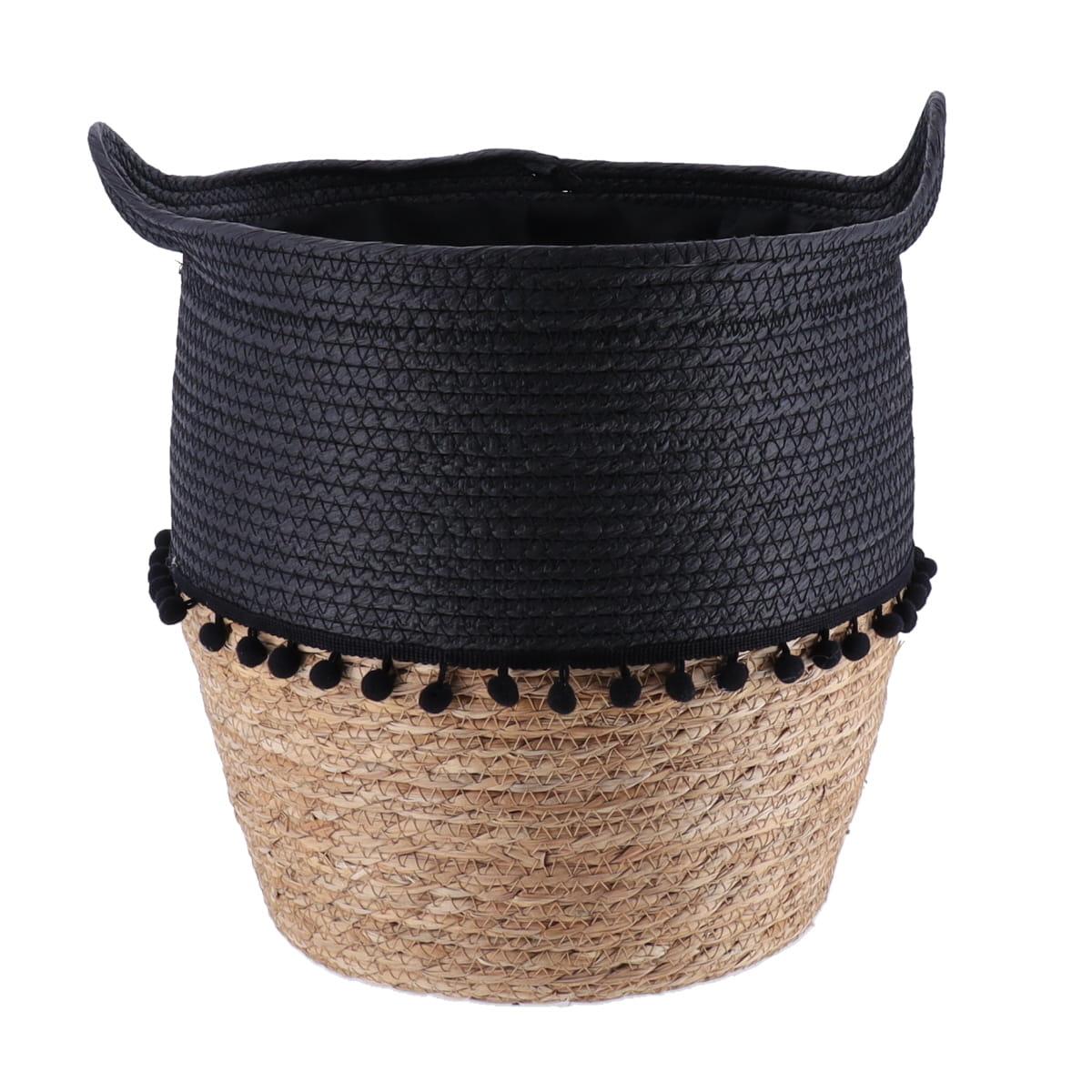 PANIERE RONDE DECO POMPONS D.32X38CM NOIR NATUREL