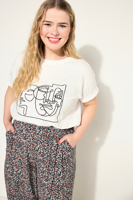 T-Shirt, Rundhals, gesticktes Frauen-Motiv
