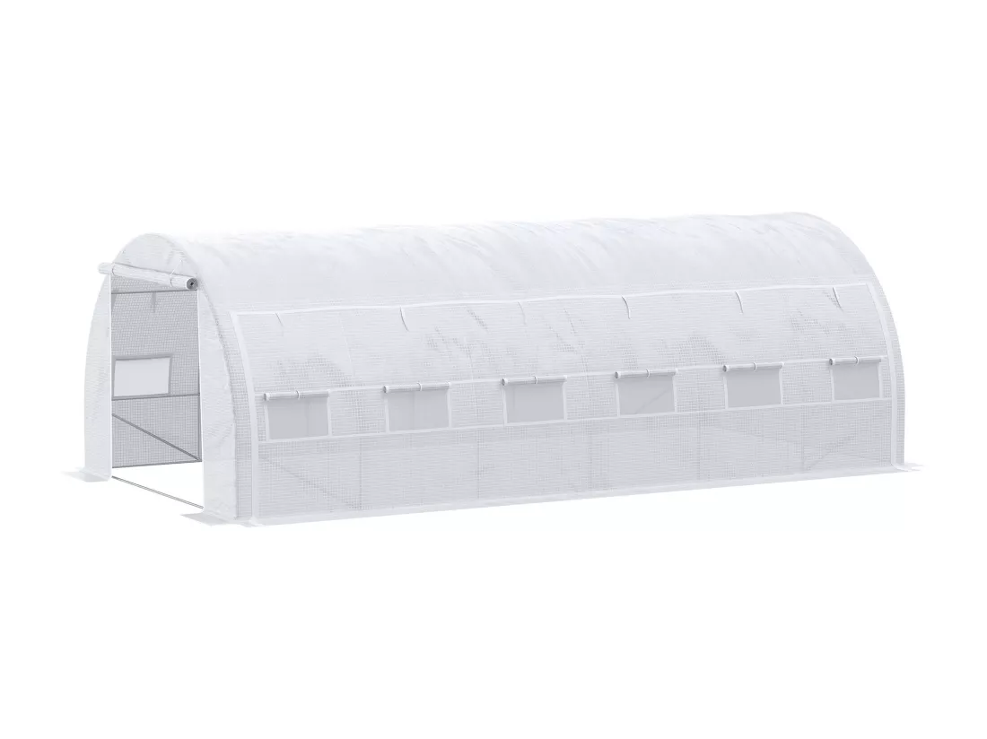 Serre de jardin tunnel 18 m² dim. 5,97L x 3,02l x 2H m - 12 fenêtres, porte zippée enroulable - châssis tubulaire acier galvanisé, bâche PE haute densité blanc