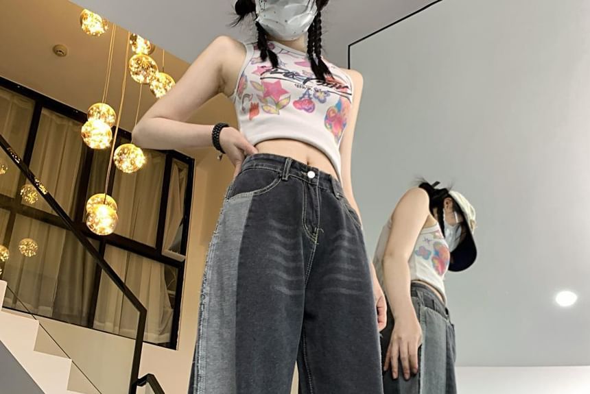 Chisan - Mid Rise Washed Panel Wide Leg Jeans