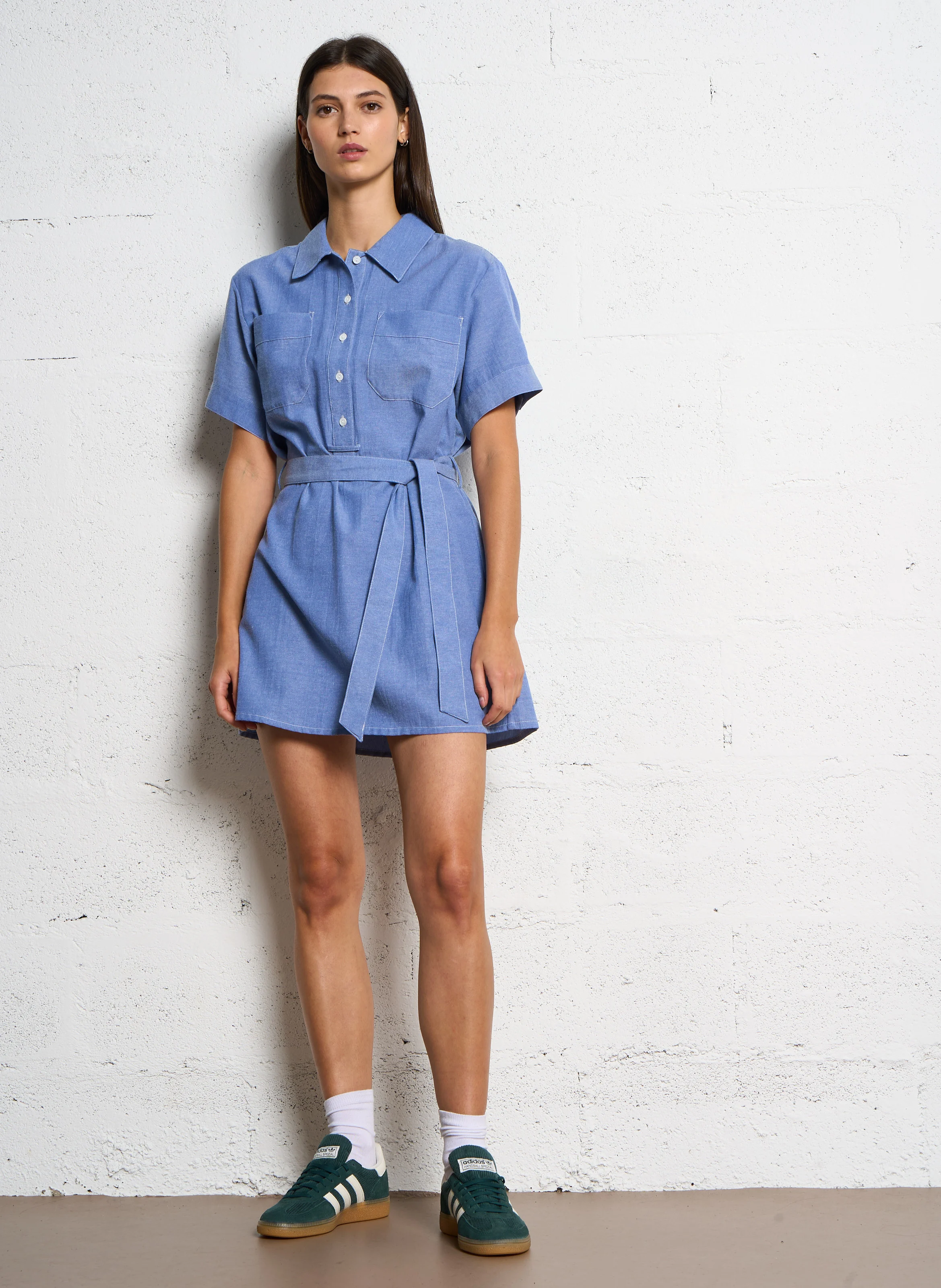 WINA - Robe courte col classique en coton mélangé | Bleu