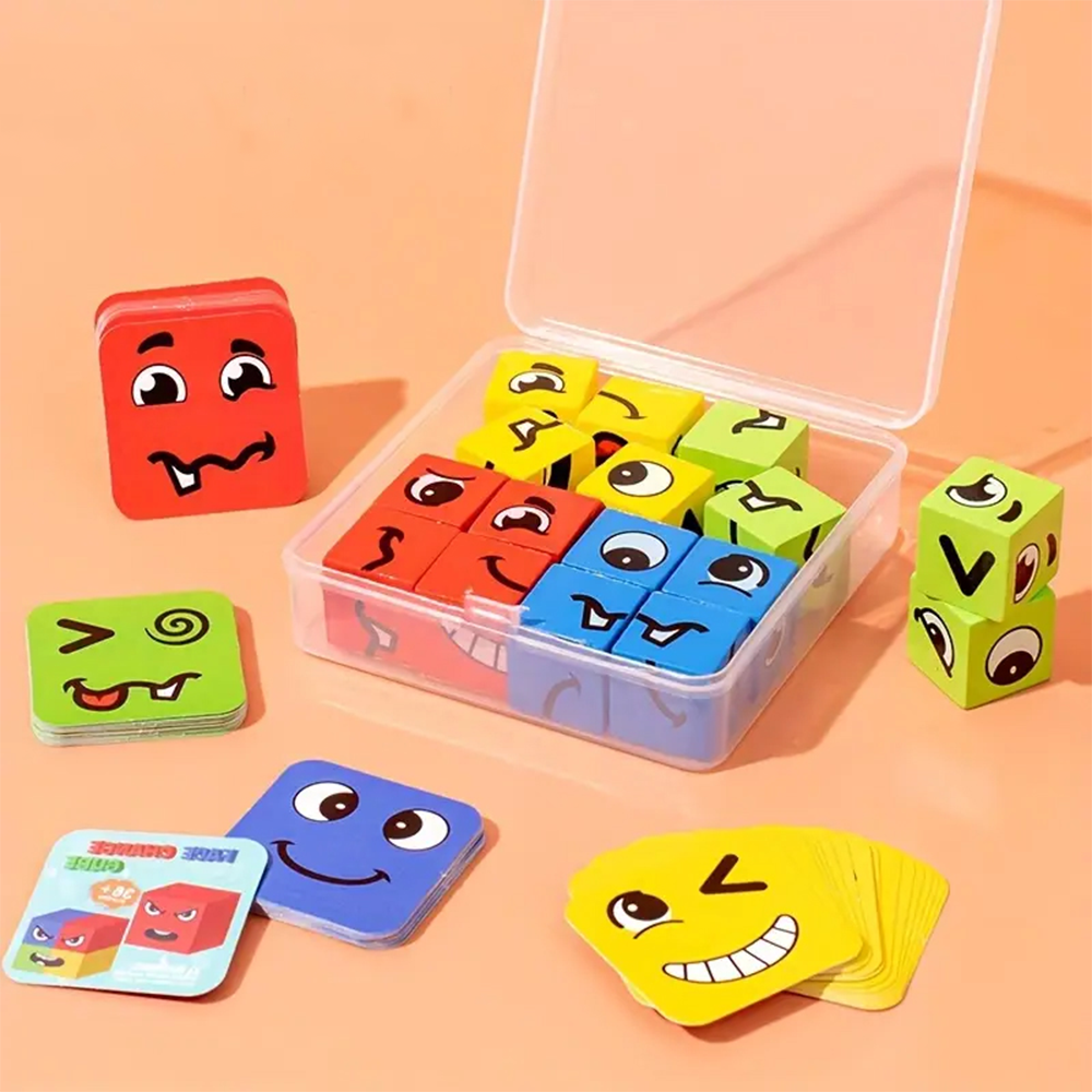 (76-tlg. Set) Kinder Holz Würfel Puzzle Spiel Bilderwürfel Lern Spielzeug mit Vorlage Karten - Gesichter