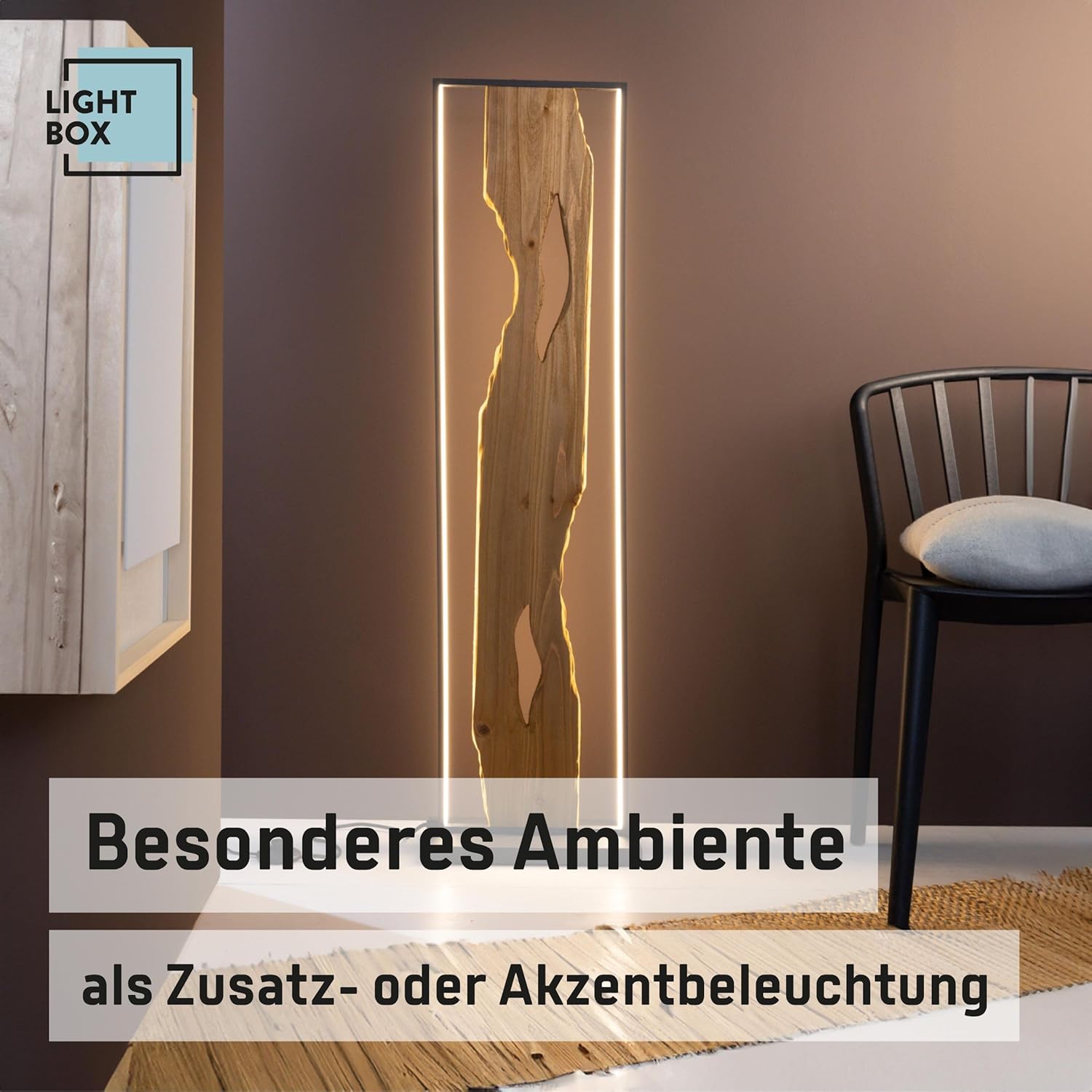 Lightbox LED Stehlampe | 120 cm | Holz Standleuchte mit Fuß-Druck-Schalter & LED Profilband | Wohnzimmer Deko Lampe | aus Aluminium/Metall/Kiefernholz in Schwarz | Contemporary/Industrial Style