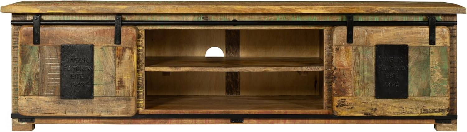 SAM Lowboard Libro II, Mangoholz massiv + bunt, TV-Board/Fernsehkommode mit 2 Holzschiebetüren & 6 offenen Fächern, Türelemente & Reling aus Eisen, 180 x 50 x 55 cm, Shabby Chic