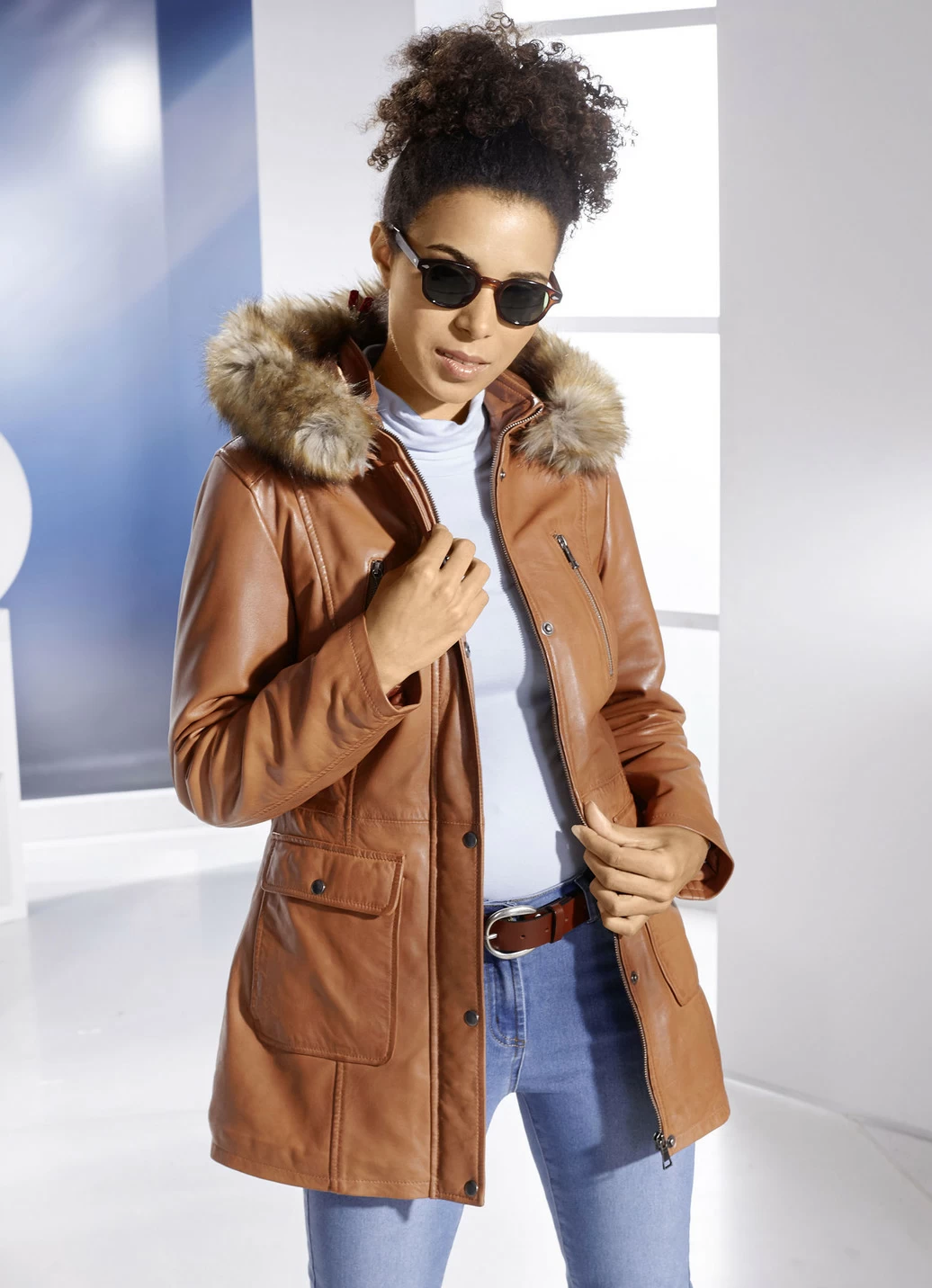 Lederjacke mit Webpelzbesatz