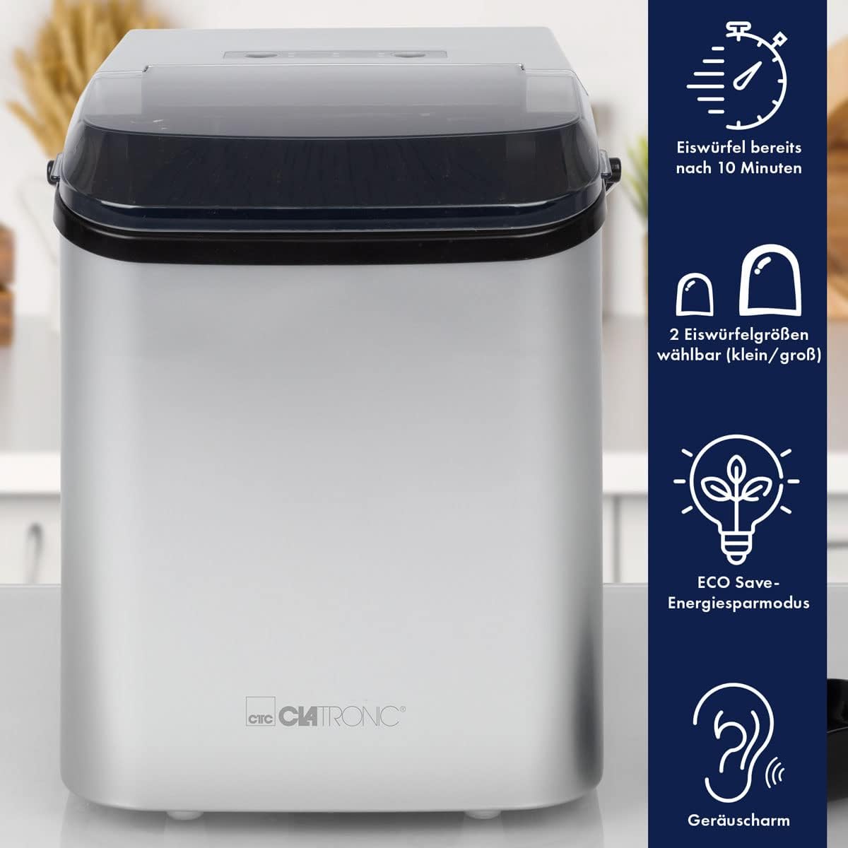 Clatronic Eiswürfelmaschine | Eiswürfel nach 10 Minuten | Selbstreinigend für große und kleine Würfel | 12kg/24h | Ice Maker | 1,5 Liter Wassertank | EWB 3785