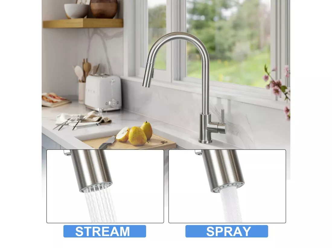 NETTLIFE Robinet de cuisine avec pomme de douche extensible, à haute pression, en acier inoxydable à jet double et pivotant à 360 °, Nickel