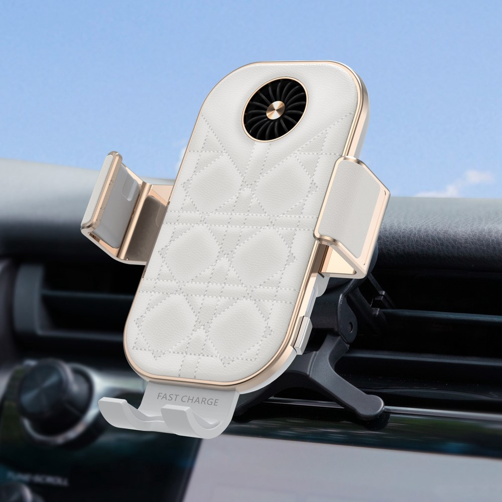 (15W) Universal Qi Wireless Charge Auto KFZ Handy Halterung Ladegerät mit Lederüberzug für Lüftungsgitter   Armaturenbrett - Weiss