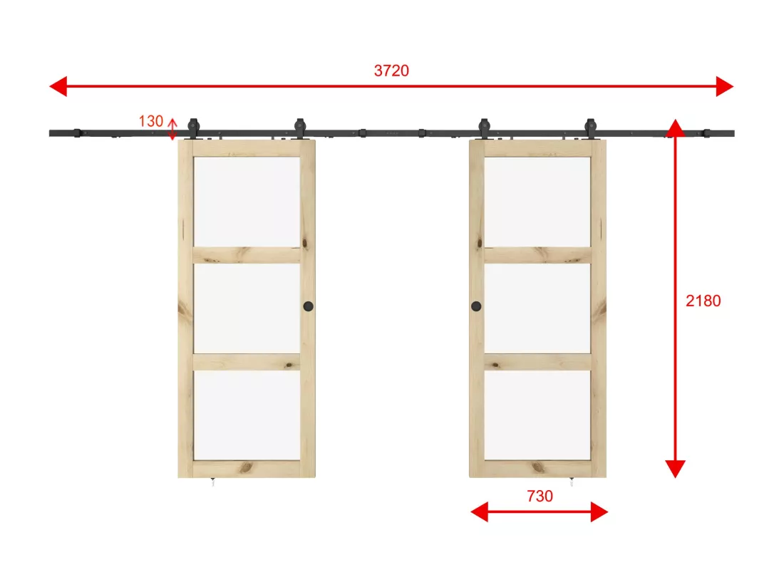 Porte coulissante double avec système en applique en bois et verre trempé - 3 fenêtres - 2 x H205 x L73 cm - ACOSTA II
