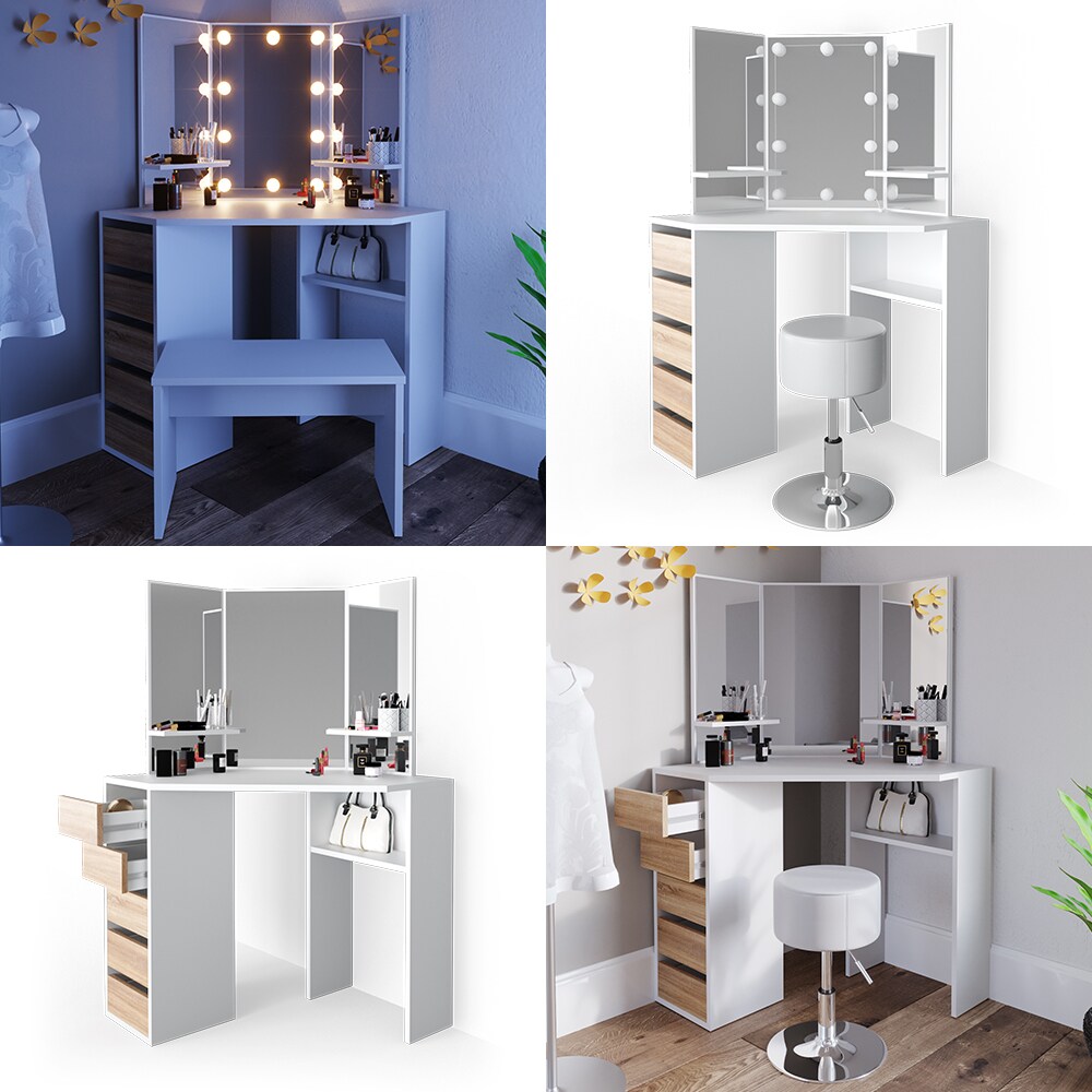 Vicco Eckschminktisch Frisiertisch Schminkkommode Arielle Weiß Sonoma Spiegel 110x145 cm modern Schlafzimmer Kommode Schublade Ablage Aufbewahrung Kosmetiktisch Schminkkonsole Make-Up-Tisch