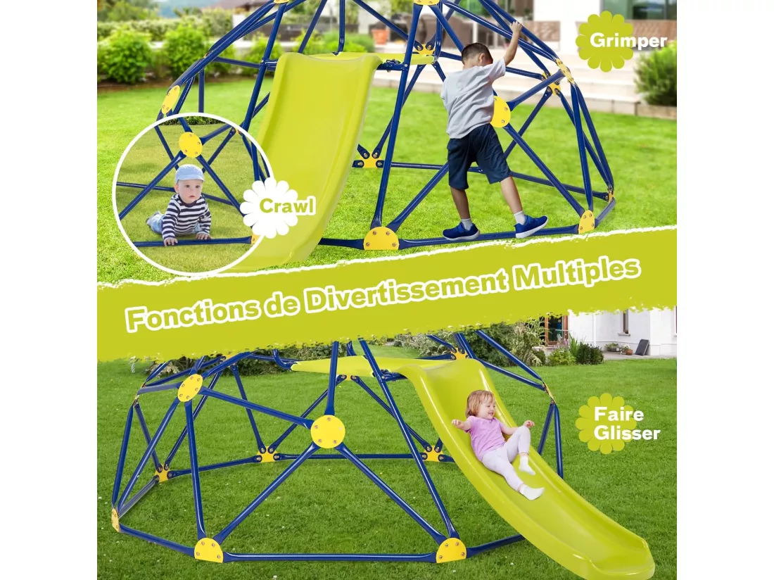 Dôme d'escalade Enfants avec Toboggan/Cage d'escalade avec Coussin en Tissu et velours-Charge 180kg/Aire de Jeux Extérieure et Intérieure pour Garçons et Filles de 3 à 10 Ans