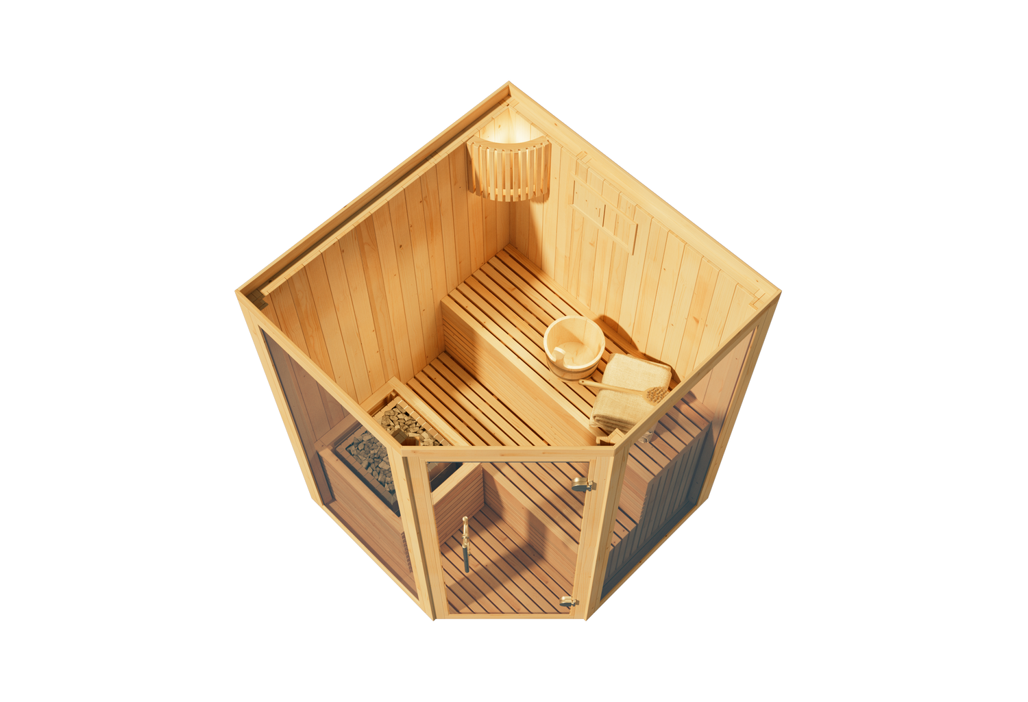 FinnTherm Ylva binnensauna, 1 houten bank, saunacabine met 68 mm wanddikte, stoomsauna met montagemateriaal, natuurlijke afwerking