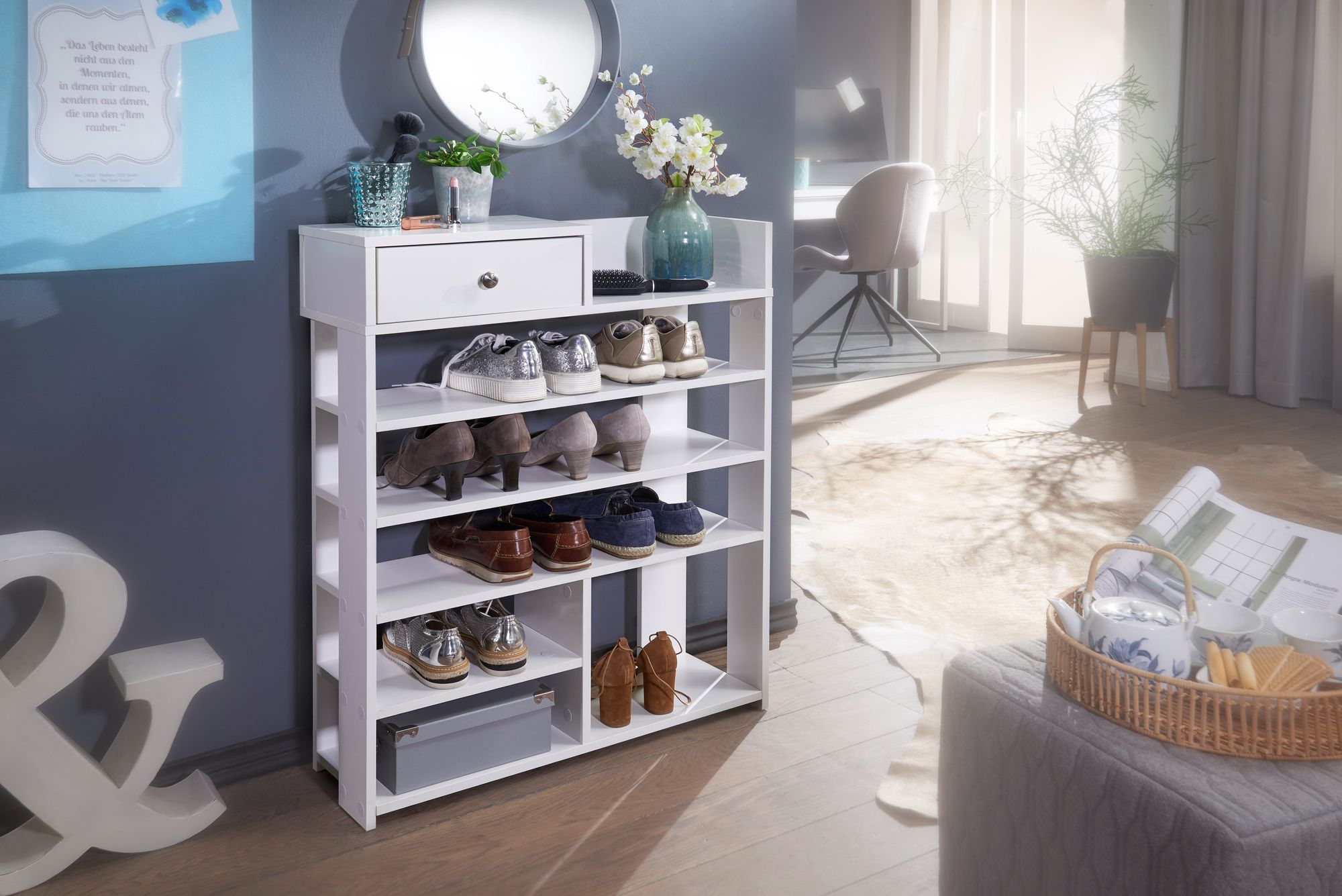 FineBuy Schuhregal Weiß 75x92,5 cm Flurregal Hoch Regal 7 Fächer mit Schublade