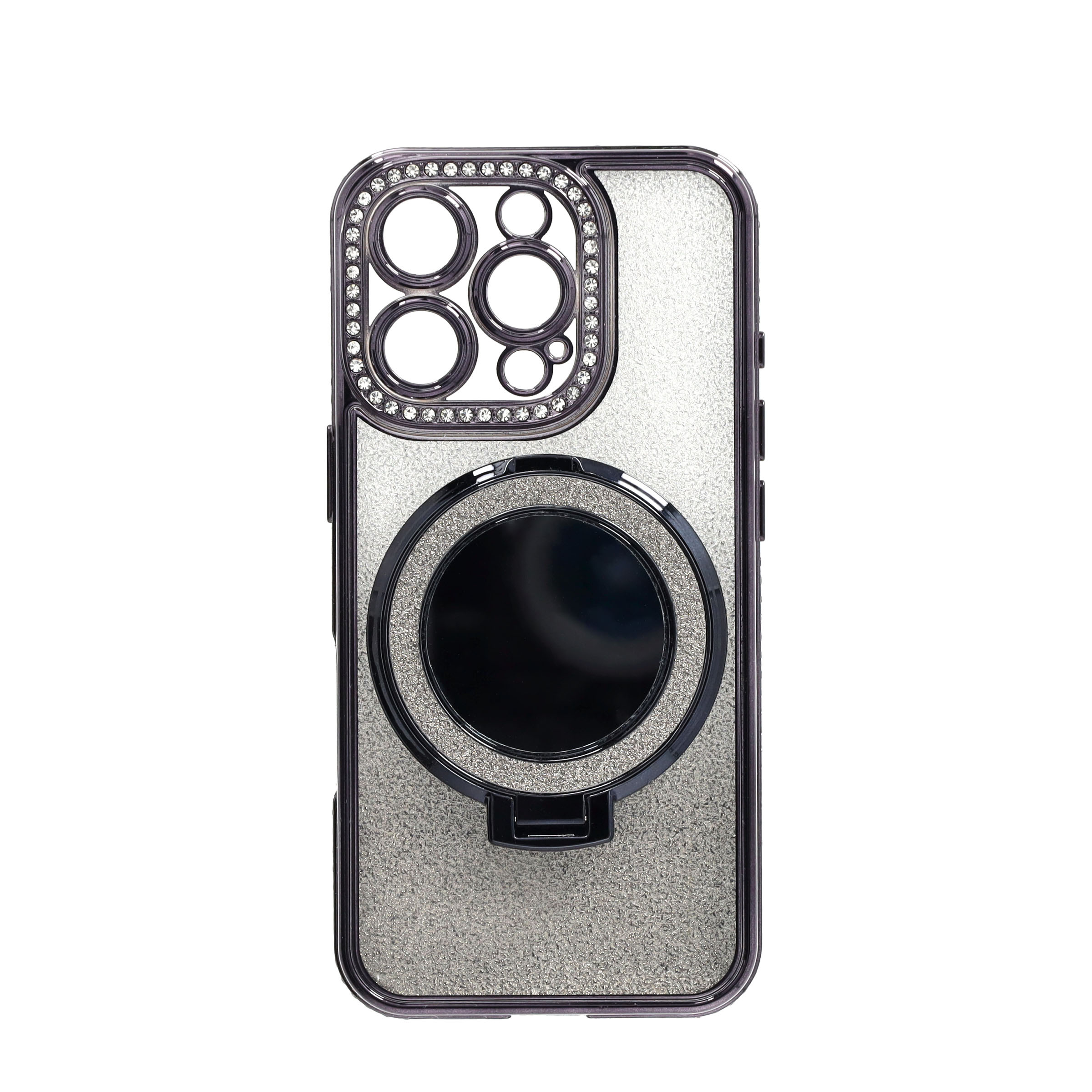 iPhone 16 Pro MagSafe Gummi Case Hülle im Glitzer Design   Magnetischer Kickstand Haltering - Schwarz / Silber