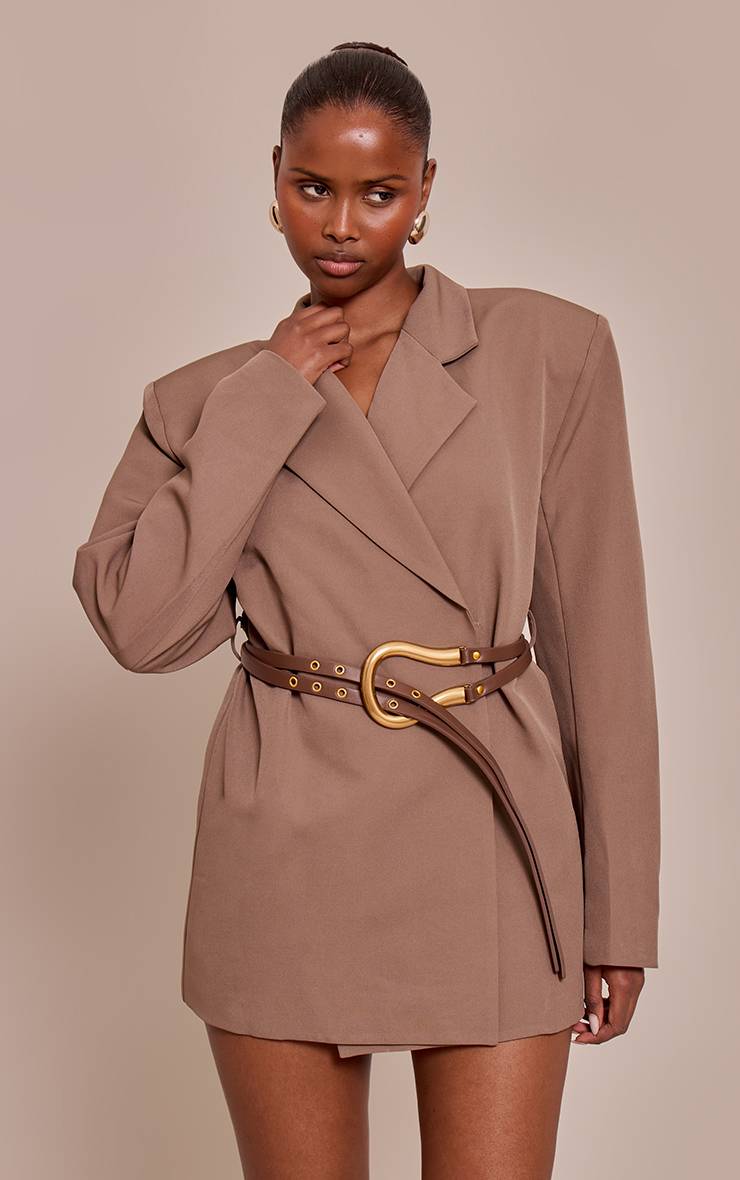 Chocolat Robe Blazer Ceinturée En Tissu Tissé