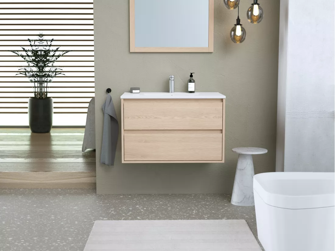 Meuble de salle de bain suspendu avec vasque à encastrer - Placage chêne - 80 cm - MILIPAM