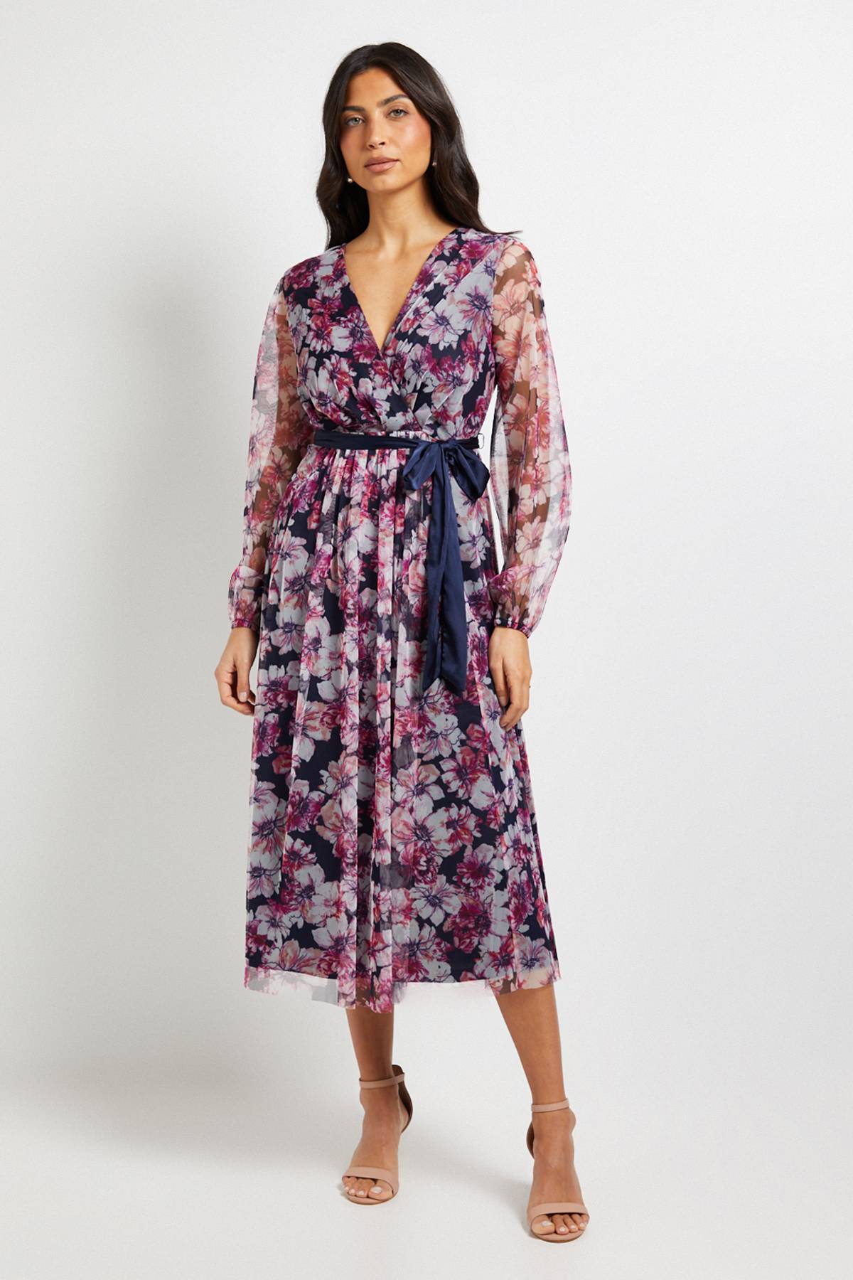 Wallis Robe Midi en Satin à Nouer avec Superposition de Tulle Floral