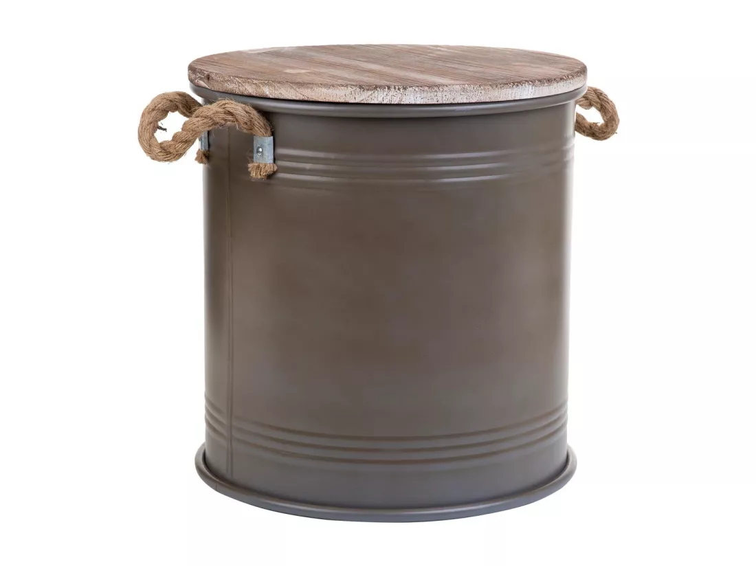 Boîte ronde en métal, couvercle en bois et poignées en corde imprimée grise D35x37h cm