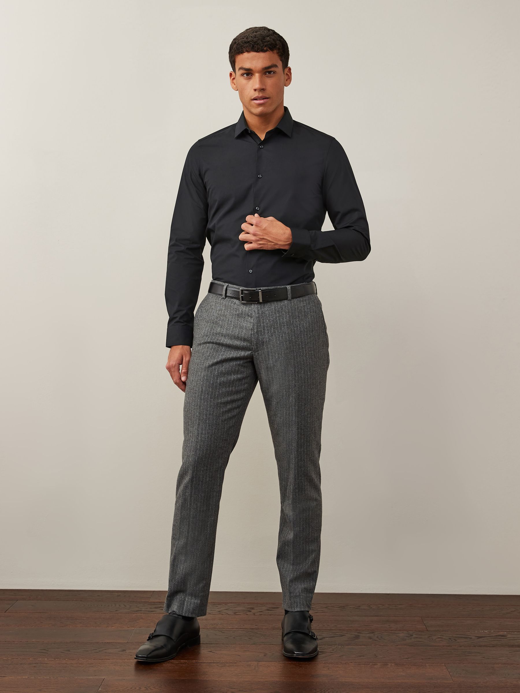 Zwart - Slim Fit - Strijkvrij net overhemd met enkele manchet