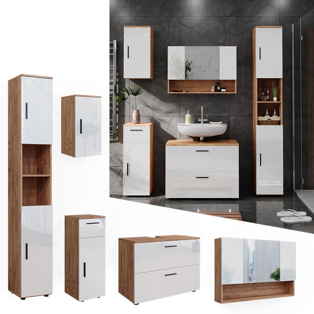 Vicco Badmöbelset Irma Eiche Weiß Hochglanz modern 80 cm 30 cm Badezimmerschrank Badschrank Badezimmermöbel Waschtischunterschrank Spiegelschrank Hochschrank Midischrank Hängeschrank Tür Schublade