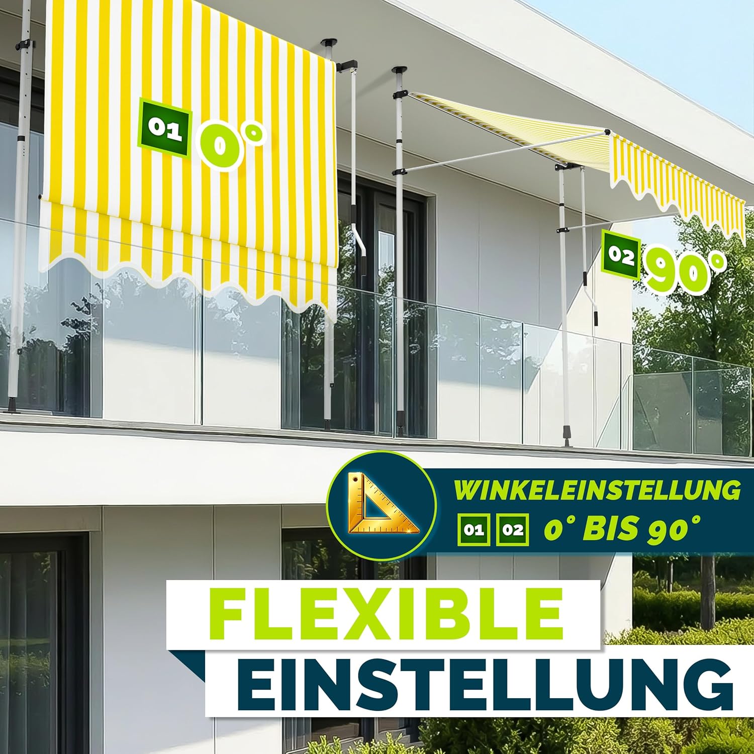tillvex Klemmmarkise mit Handkurbel & LED Lichterkette Balkon | Balkonmarkise ohne Bohren | Markise UV-beständig & höhenverstellbar | Sonnenschutz Terrasse & Garten wasserdicht (Gelb-Weiß, 250cm)