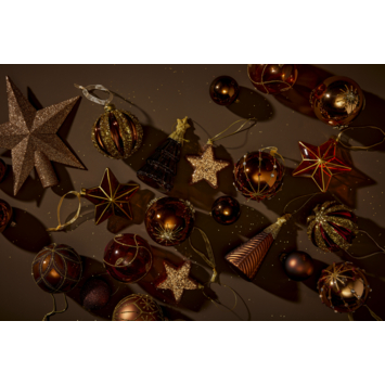 Christmas Goods kerstballen mix kunststof chocoladebruin 33 stuks inclusief piek