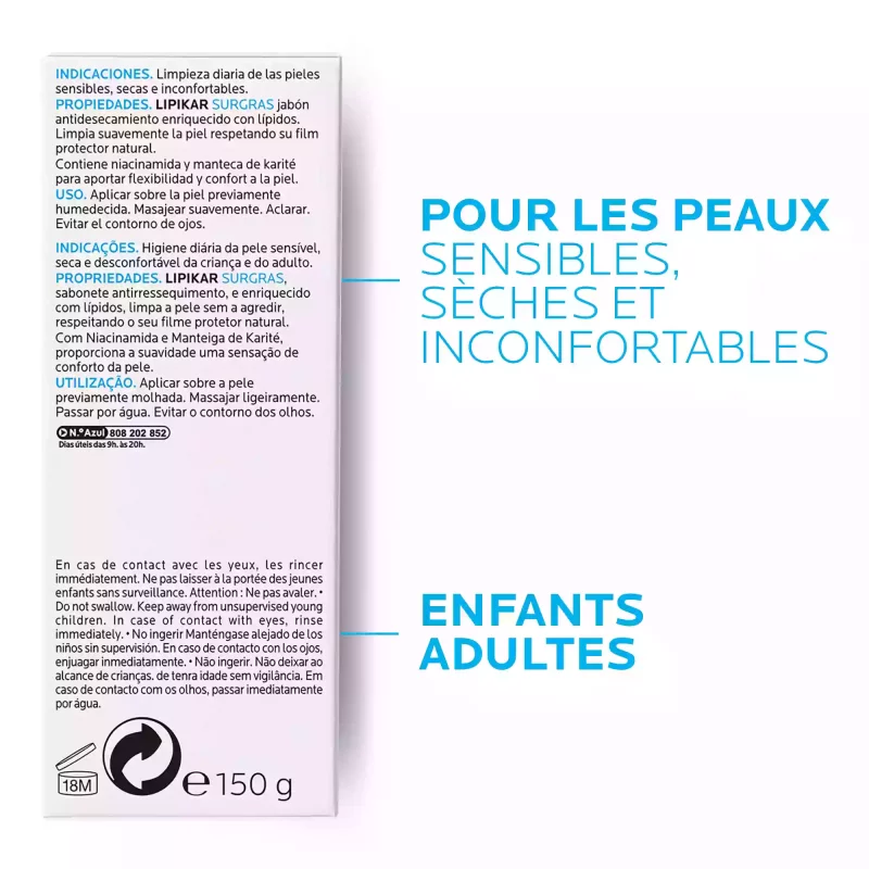 Lipikar Surgras - Pain Physiologique Anti-Dessèchement - 150g