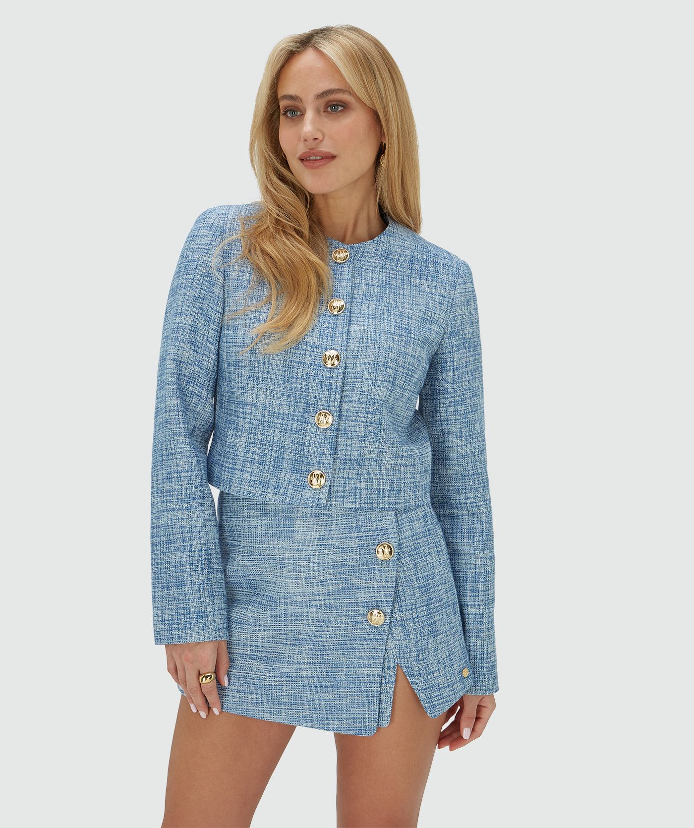 JV-REMI cropped blazer met lurex - blue bouclé