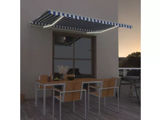 Auvent manuel rétractable avec LED 450x350 cm Bleu et blanc