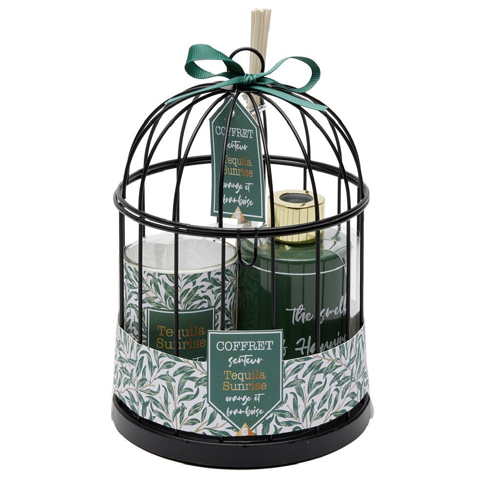 Coffret diffuseur et bougie dans cage en métal