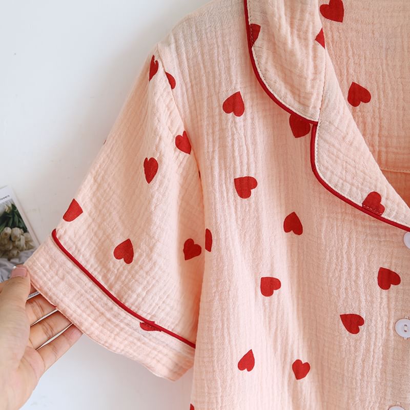 MelMount - Pyjamaset: shirt met korte mouwen en hartjesprint + korte broek + broek