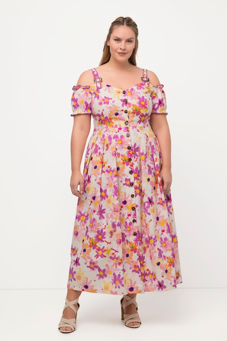 Trachtenkleid, Leinenmix, Blüten, Herzausschnitt, Halbarm
