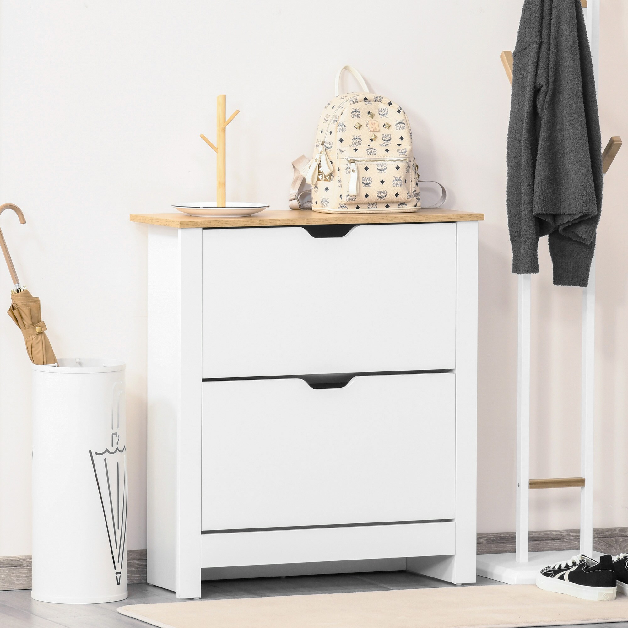 HOMCOM Schuhschrank mit Kippsicherung weiß, natur 72L x 26B x 80H cm