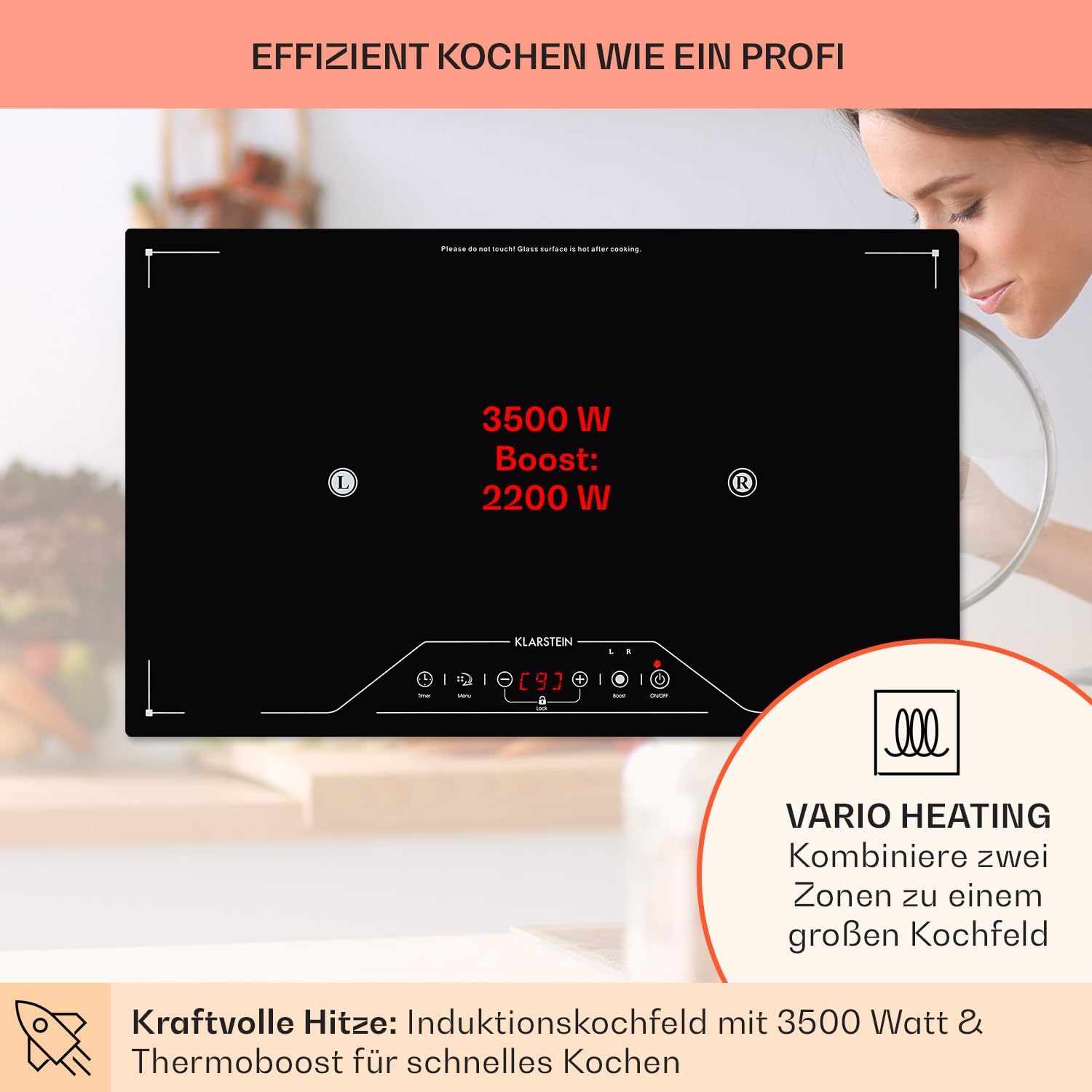 Klarstein Induktionskochfeld, Herd mit 3500 Watt, Induktionskochfeld mit Freizone, Modernes Freizonen Induktionskochfelder aus Glaskeramik, Leistungsstarkes Elektro Kochfeld für Induktion