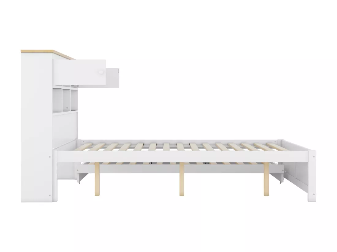 Lit gigogne avec rangements et 3 tiroirs - 140 x 200 et 90 x 190 cm - bois MDF - blanc - LOSIANA