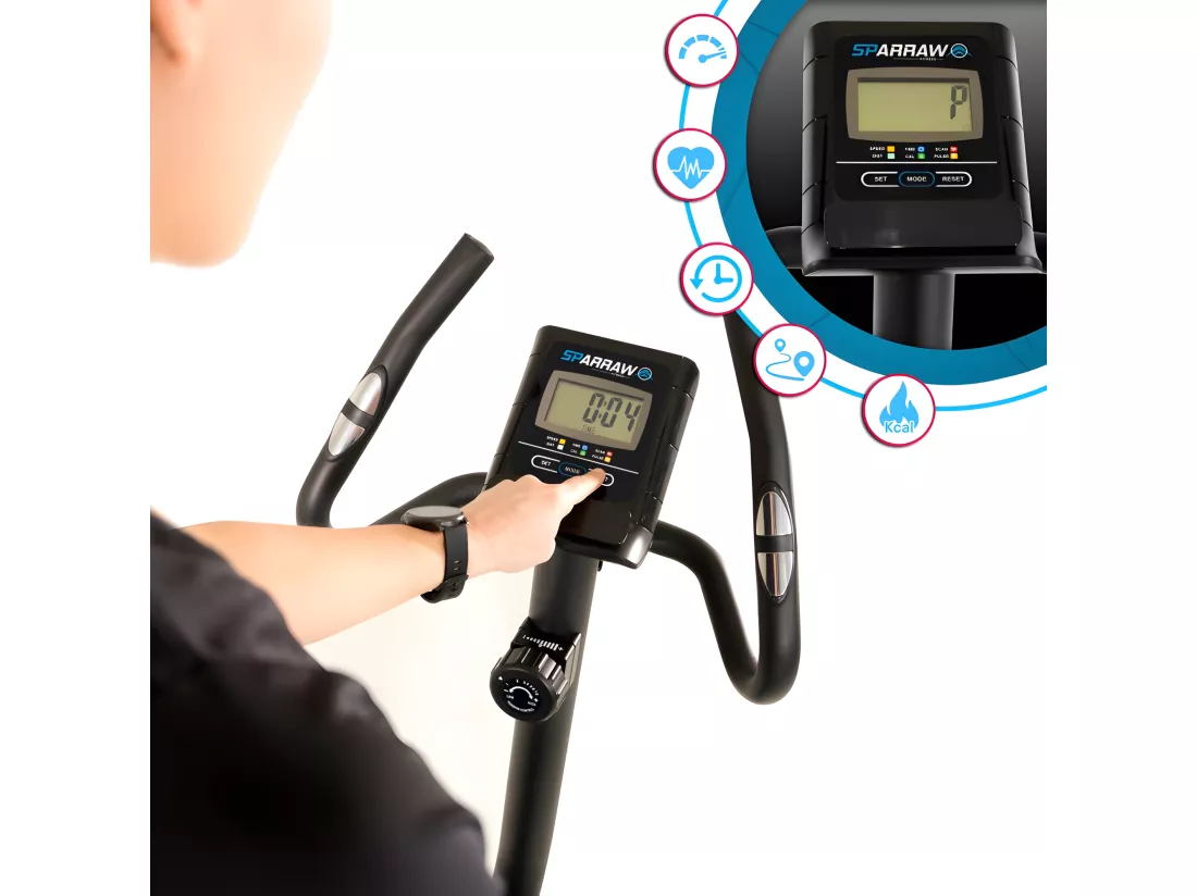 Vélo d'appartement CAMPO Roue d'inertie 3kg - 8 niveaux de résistance, Capteurs Pouls, Ecran d'entraînement, Réglable
