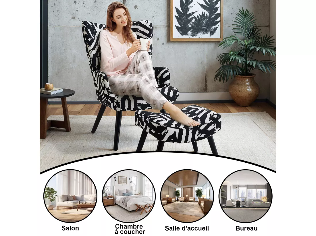 Fauteuil HomeMiYN avec Coussin et Tabouret - Chaise d'Angle Rustique pour le Salon