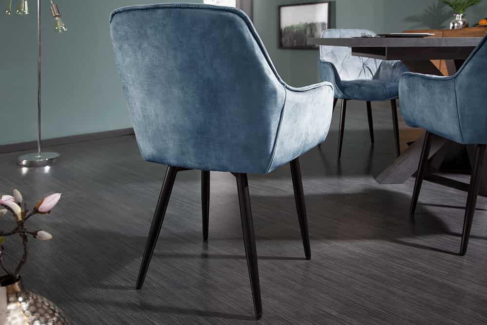 Design Stuhl MILANO petrol Samt mit Armlehne Ziersteppung gepolstert schwarze Metallbeine