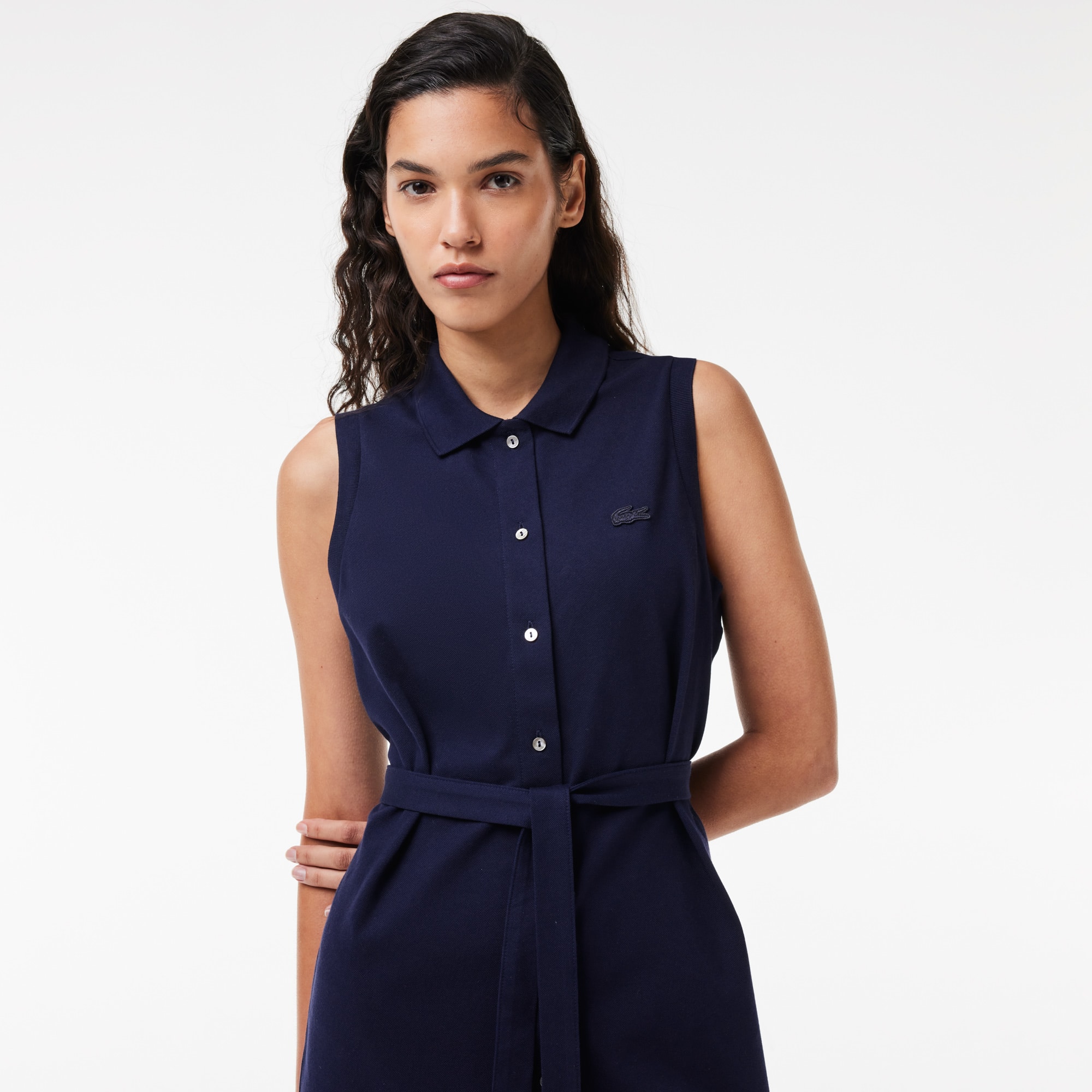 Robe polo longue sans manches en piqué de coton stretch Robes & Jupes - Bleu - Lacoste - Femme
