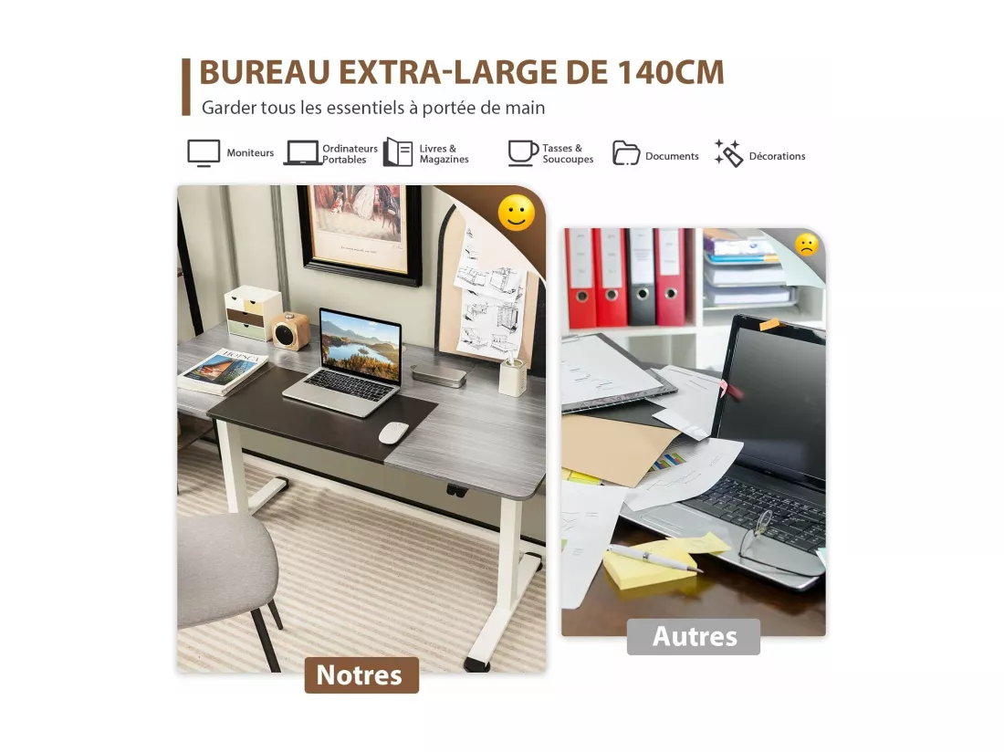 Bureau Assis Debout 70 x 140 cm, Bureau Électrique Réglable en Hauteur avec Mono-Moteur et Panneau à 2 Boutons, Table Réglable Hauteur, Support de Câble, Crochet (Gris Foncé)