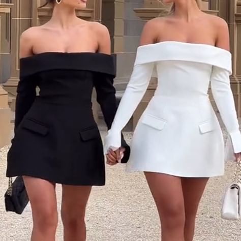 MOONGATE - Off-shoulder lange mouwen effen mini A-lijn jurk