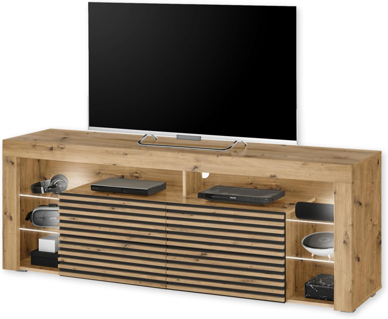 Goal 2 TV-Lowboard mit LED-Beleuchtung in Artisan Eiche Optik, Schwarz - TV Schrank mit viel Stauraum für Ihr Wohnzimmer - 179 x 67 x 44 cm (B/H/T)