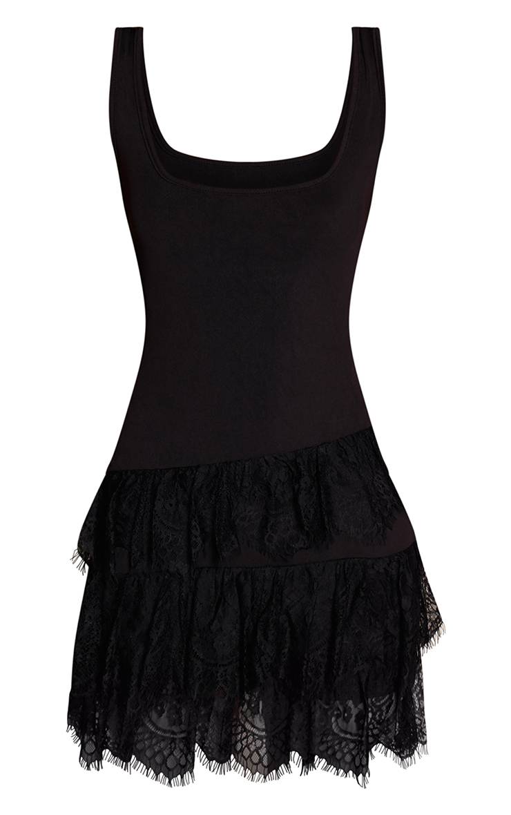 Noir Robe Mini Côtelée À Encolure Dégagée Et Ourlet En Dentelle Contrastante