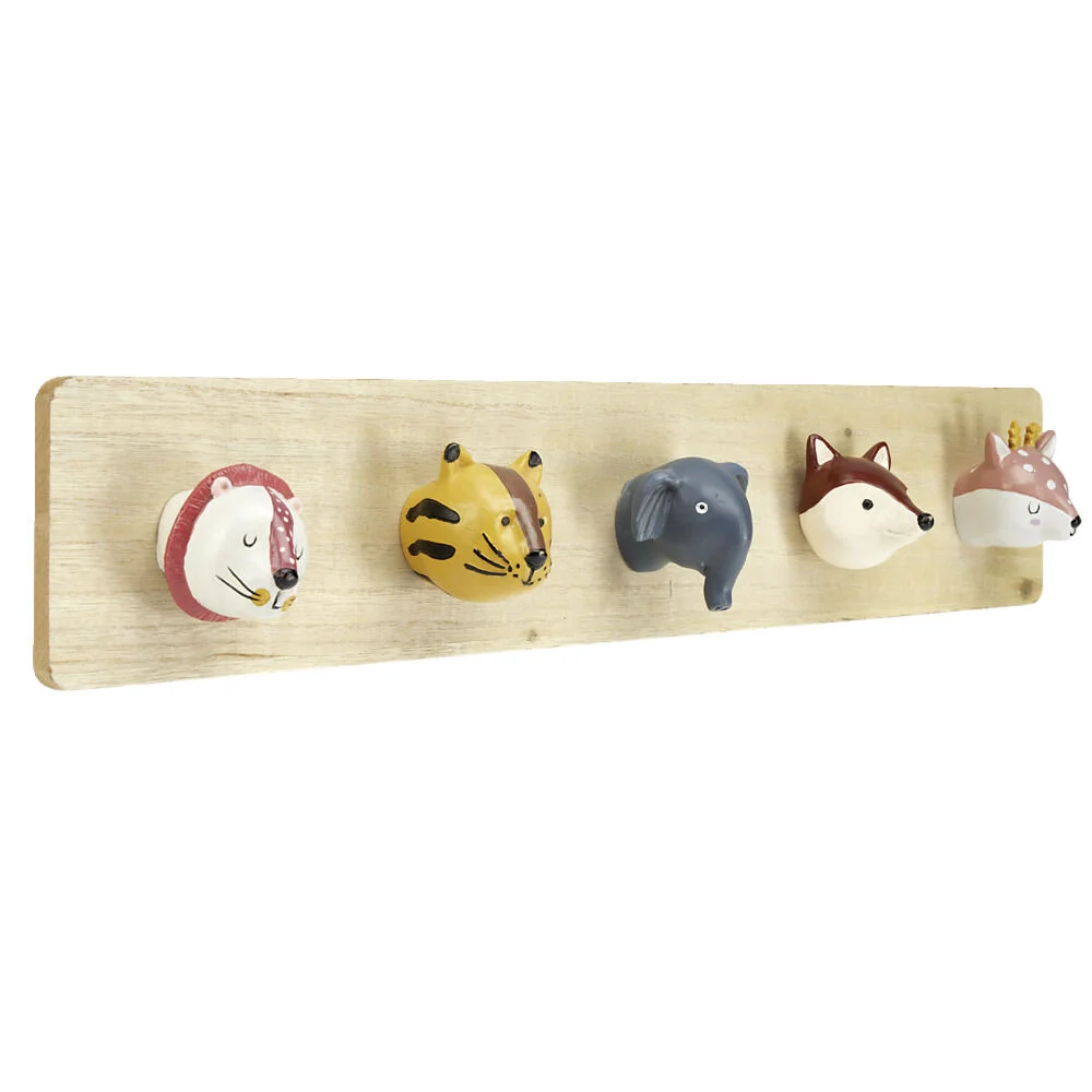 Patère enfant en bois 5 crochets tête animal 55x7xH10cm