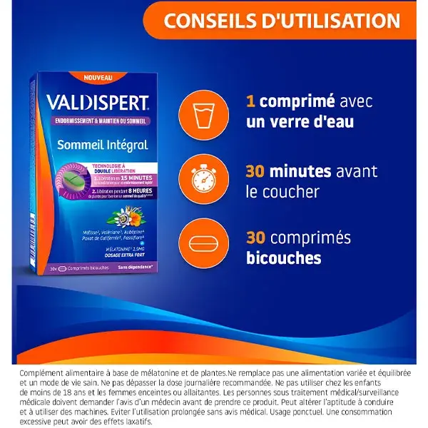 Valdispert Sommeil Intégral Complément Alimentaire Mélatonine 1.9mg Lot 2x30 Comprimés